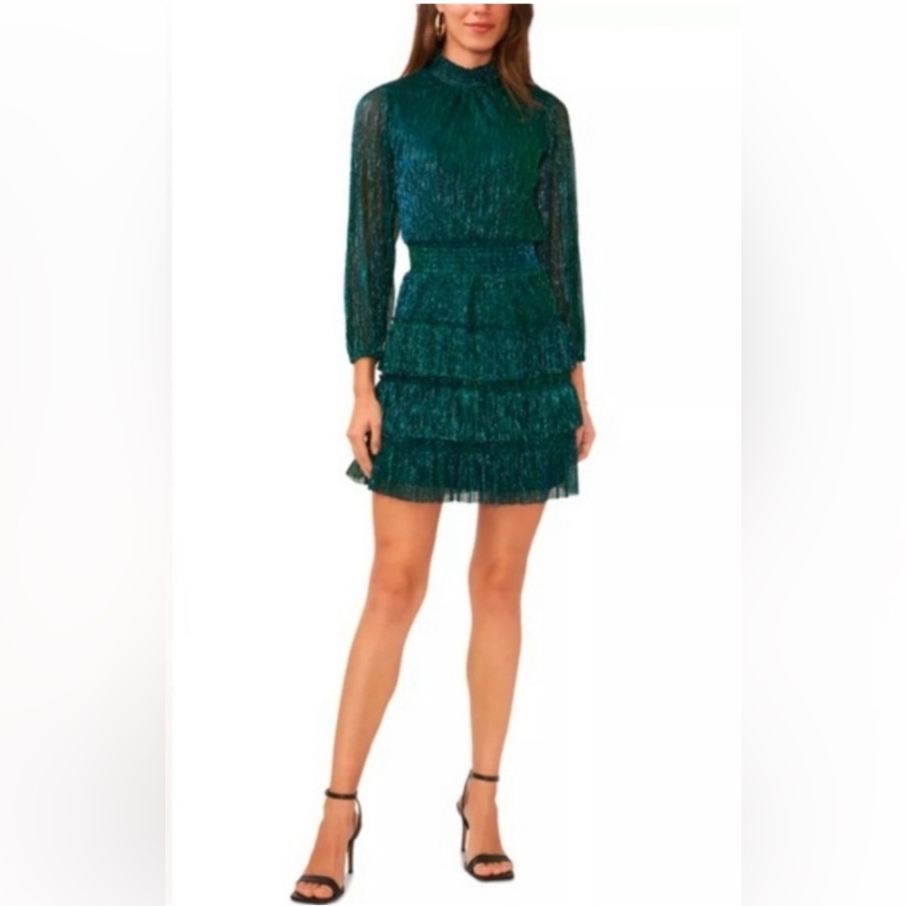 1. STATE Pleated Metallic Green Mini Dress, Large